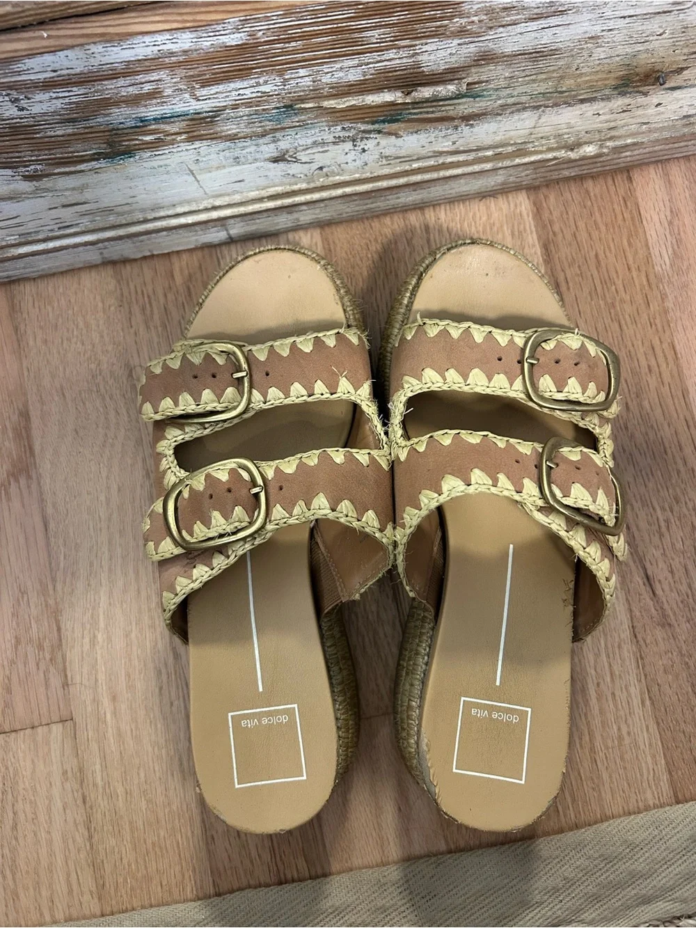 Dolce Vita Tan & Yellow Double-Buckle Braided Slide Sandals